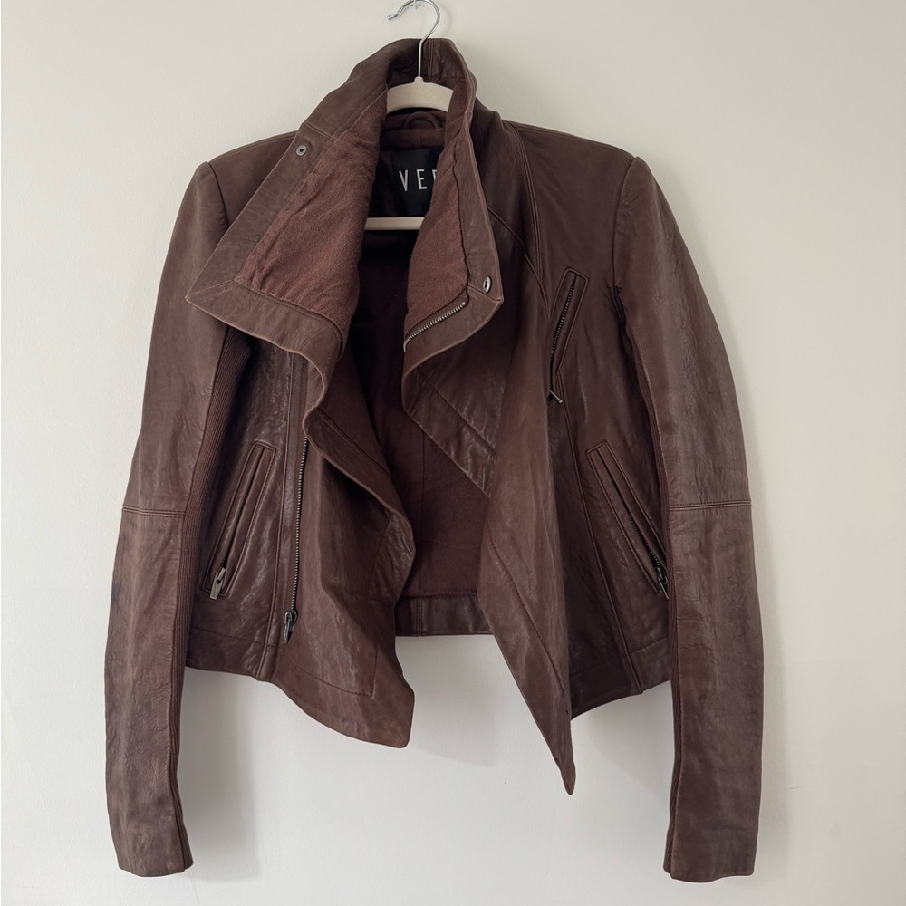 VEDA Brown Leather Moto Jacket S